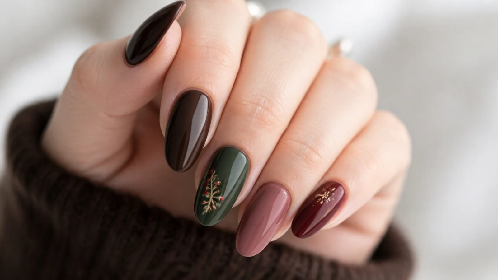Swatches of chocolate brown, forest green, mauve and cranberry December nails
