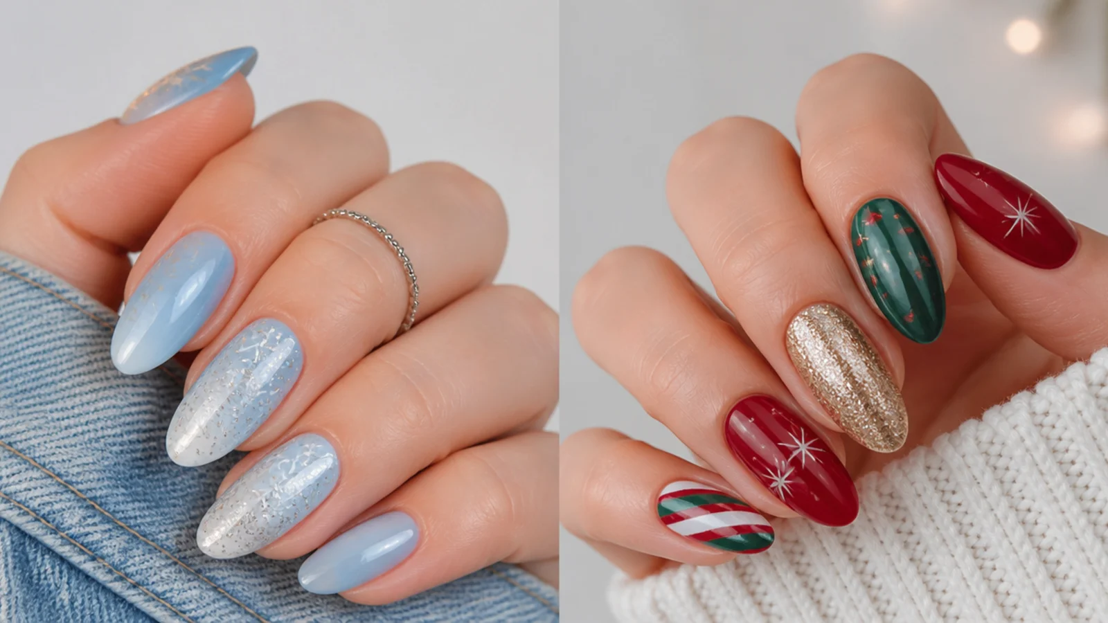 Split image of icy blue December nails beside red and green Christmas nails