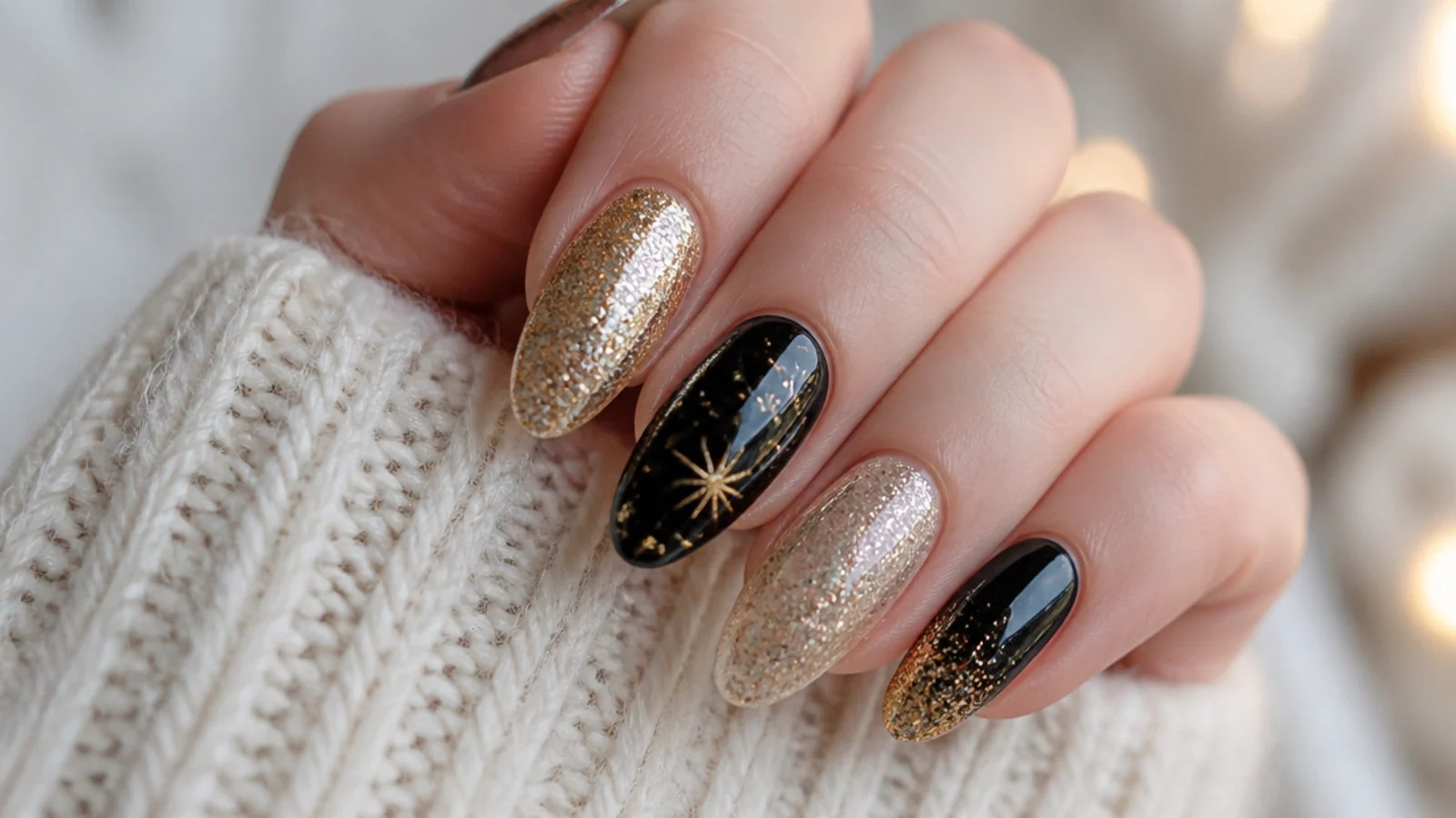 Gold, champagne and black glitter December nails for New Year celebrations