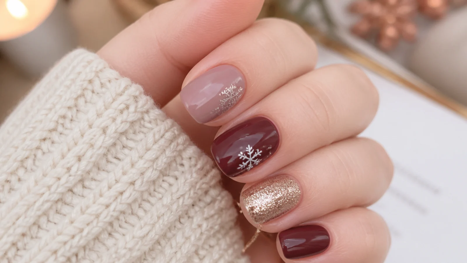 Short December birthday nails in cozy shades with single sparkle accents