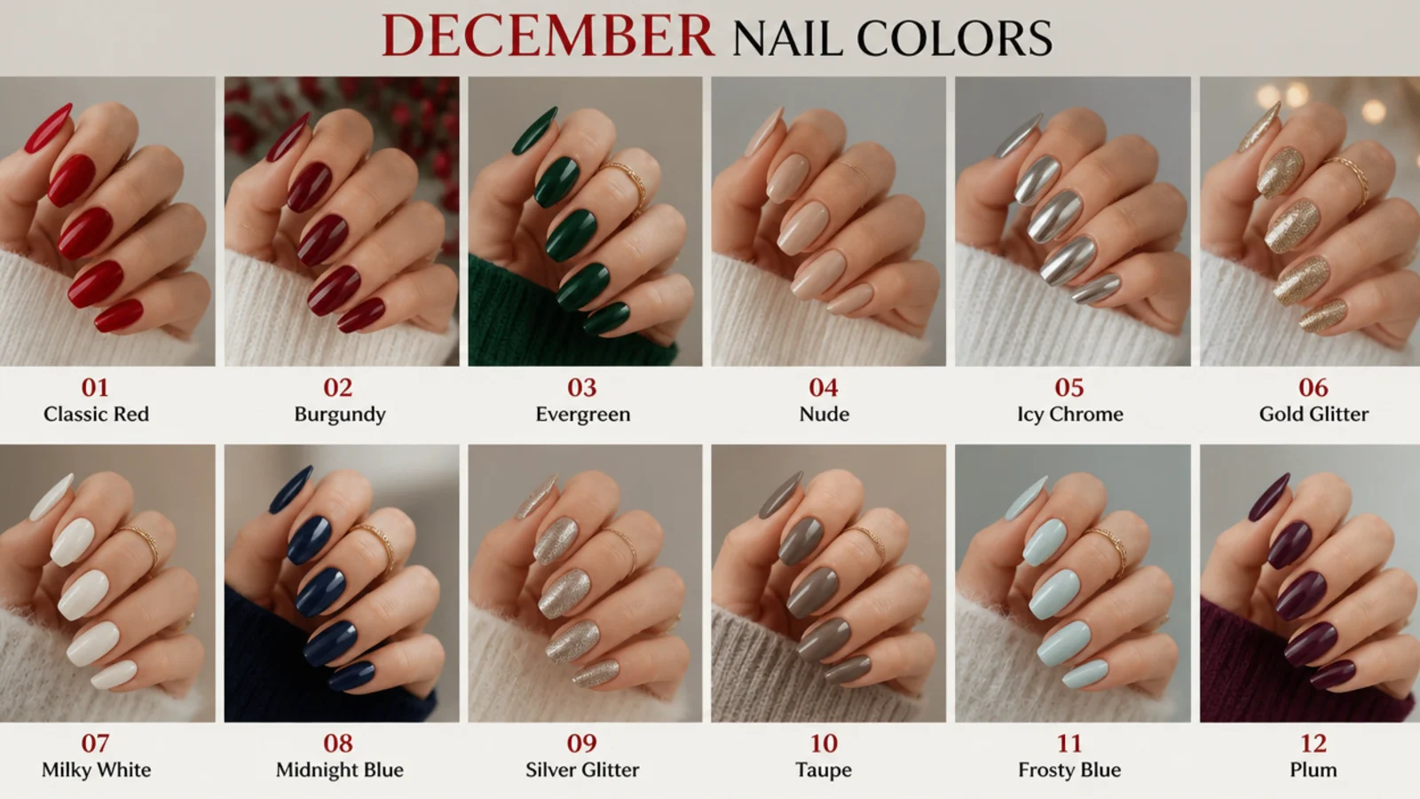 Grid of December nail colors from festive red to icy chrome and gold glitter