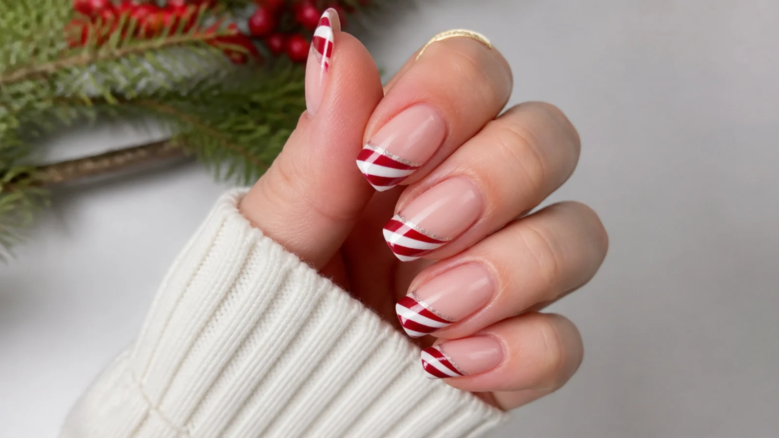Red and white diagonal candy cane French tip December nails