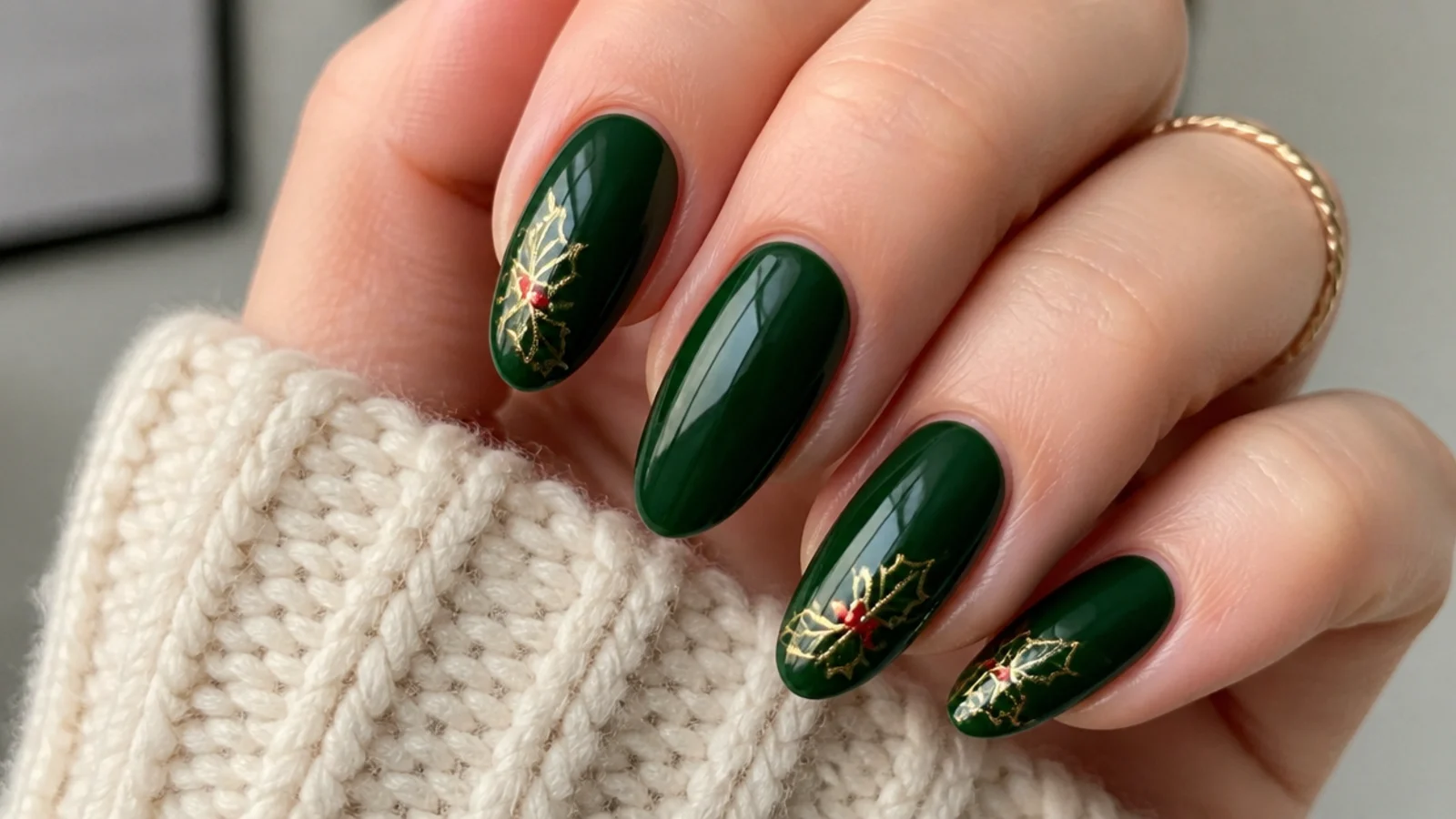 Deep forest green December nails with tiny gold holly leaf accents