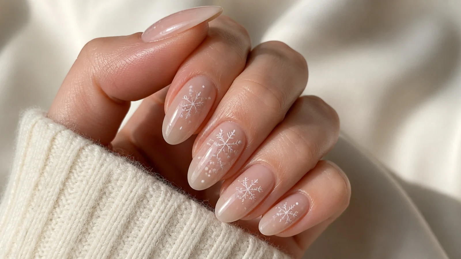 Sheer nude December nails with delicate white snowflake accents