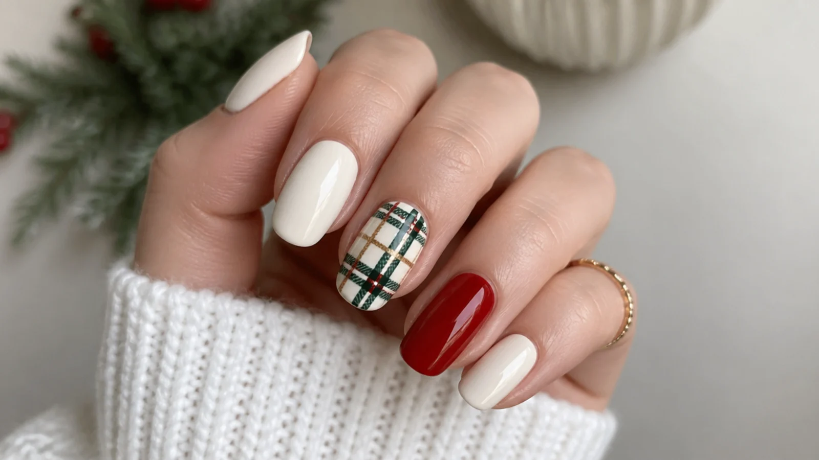 Red green and white tartan plaid December nail accent on cream base
