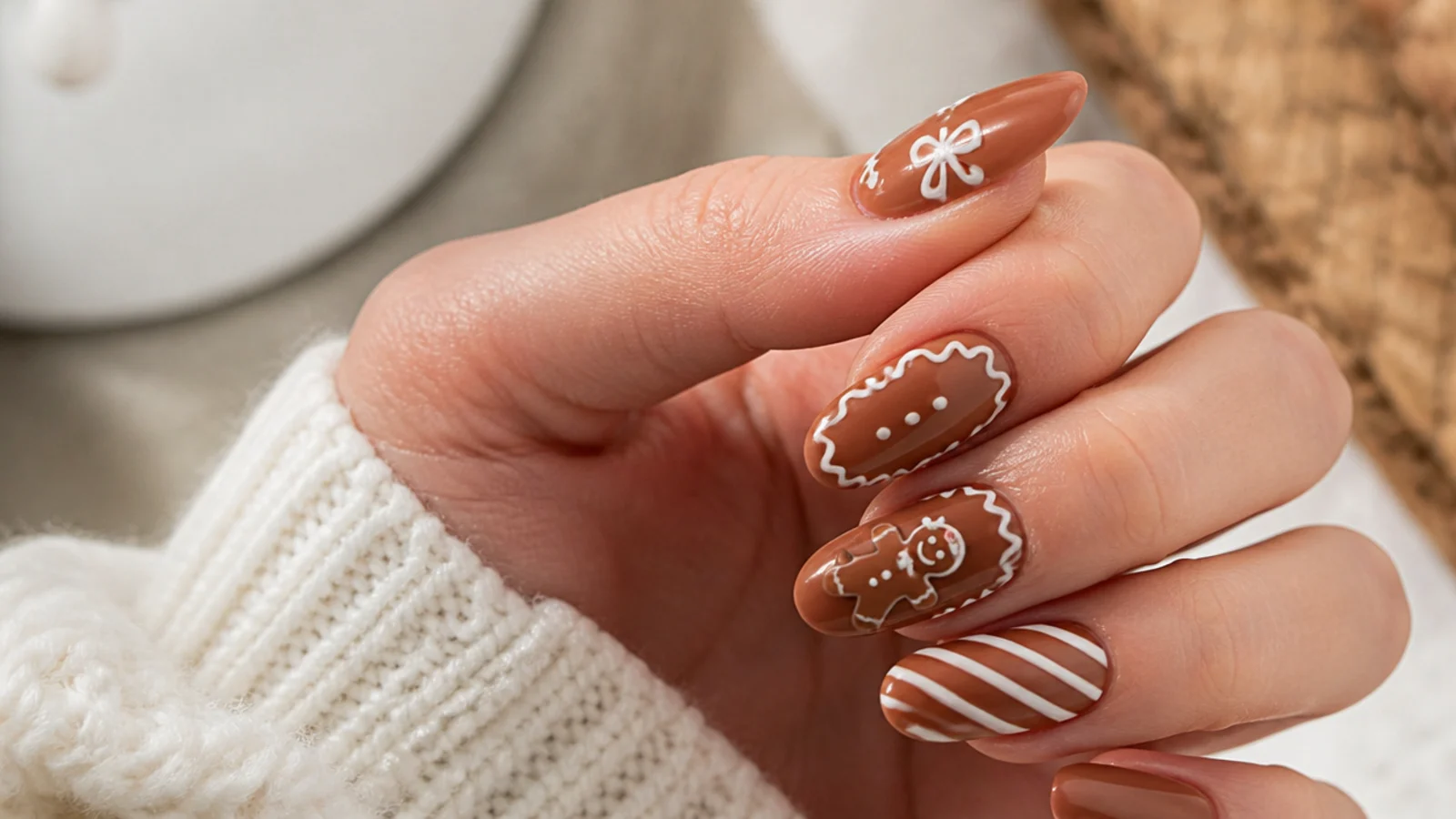 Warm gingerbread brown December nails with white icing swirl detail