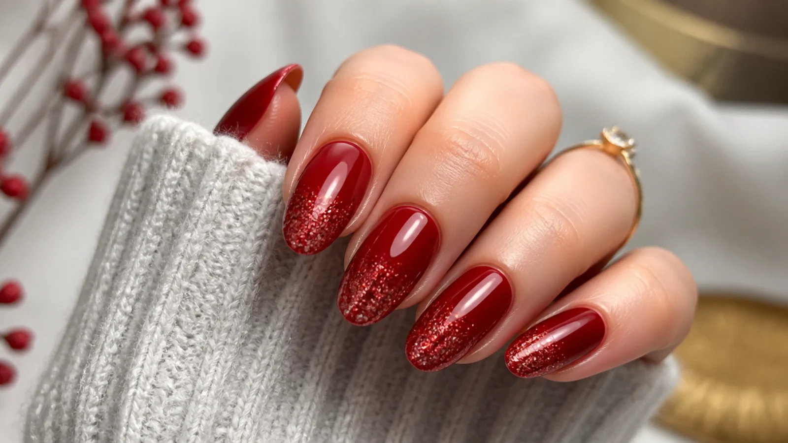 Glossy red December nails fading into red glitter at the tips
