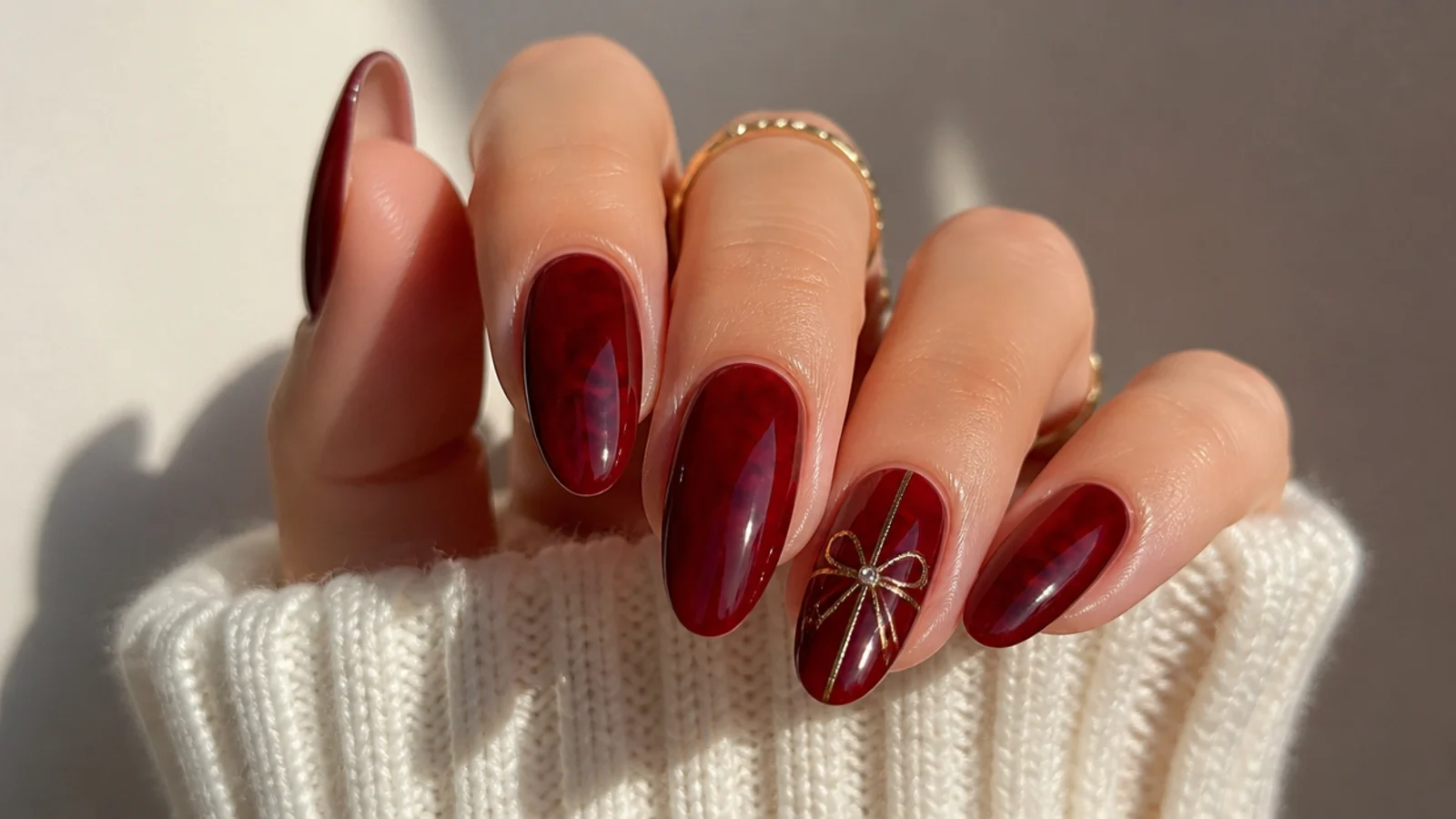 Translucent cranberry red December nails with a jelly gloss finish