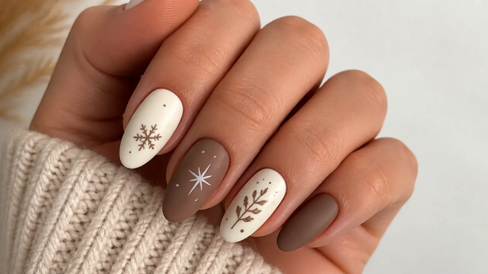 Alternating mocha brown and cream December nails in a soft matte finish