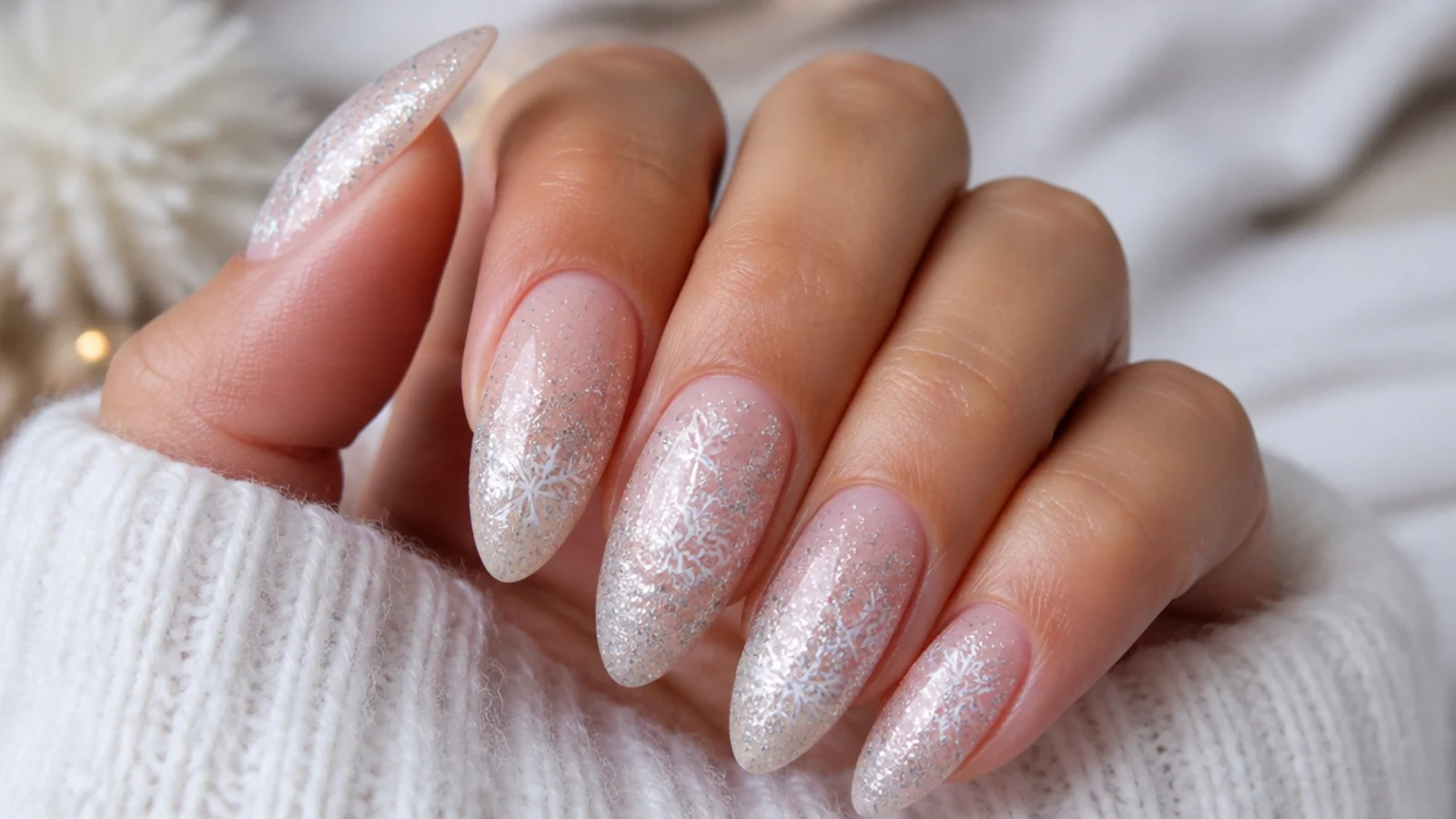 Sparkling silver frost glitter December nails over a sheer icy base