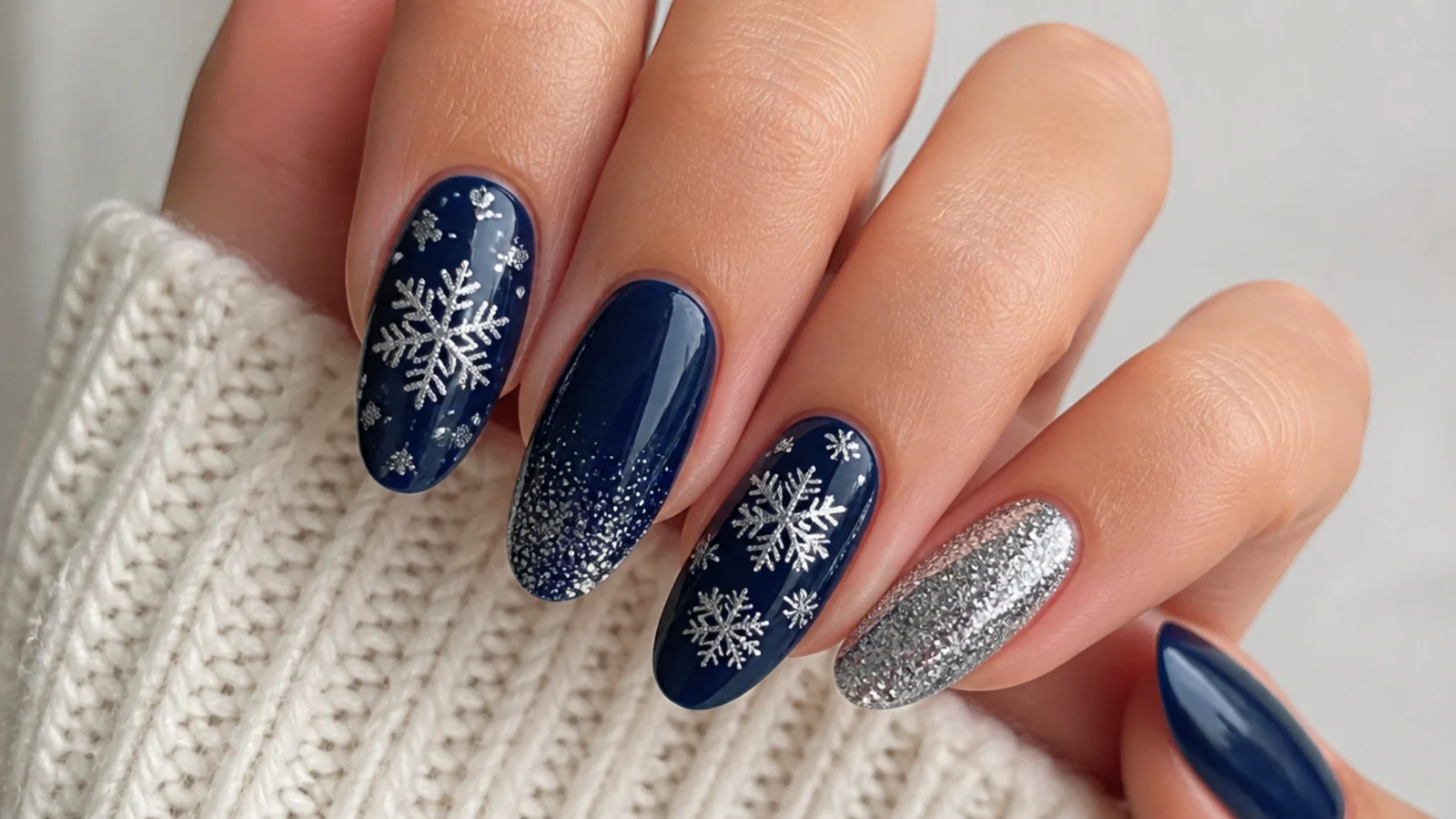 Deep navy December nails with silver snowflakes and glitter accents