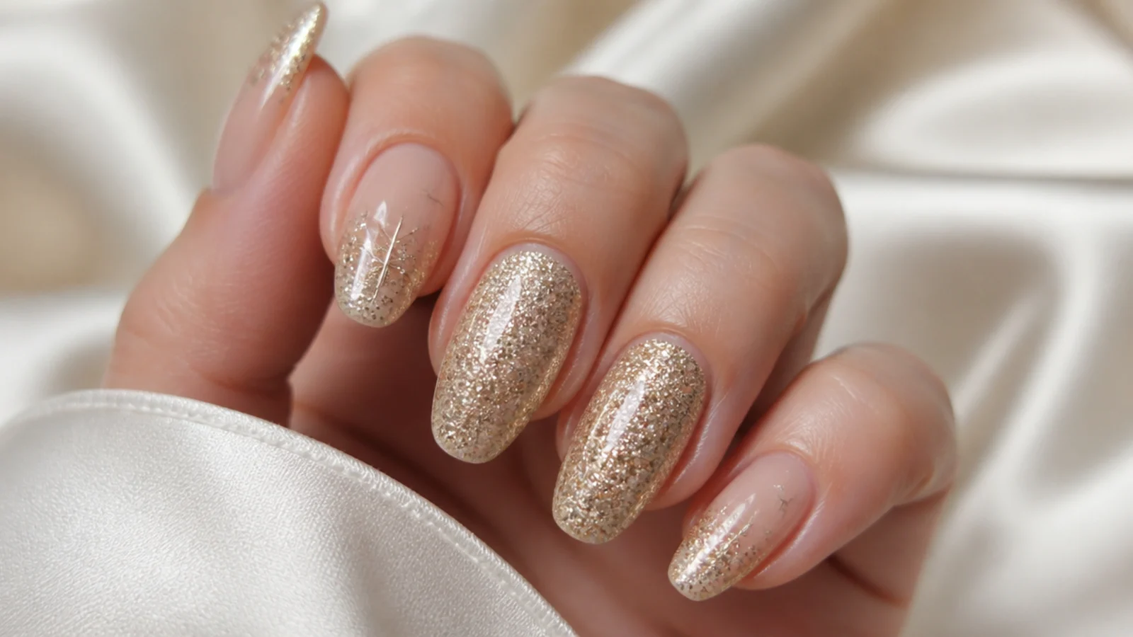Warm champagne gold glitter December nails for New Year's Eve