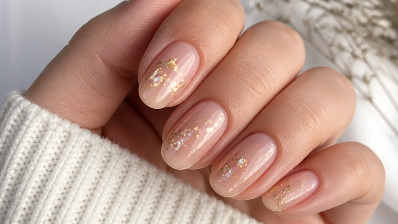 Sheer nude December nails scattered with gold leaf flakes