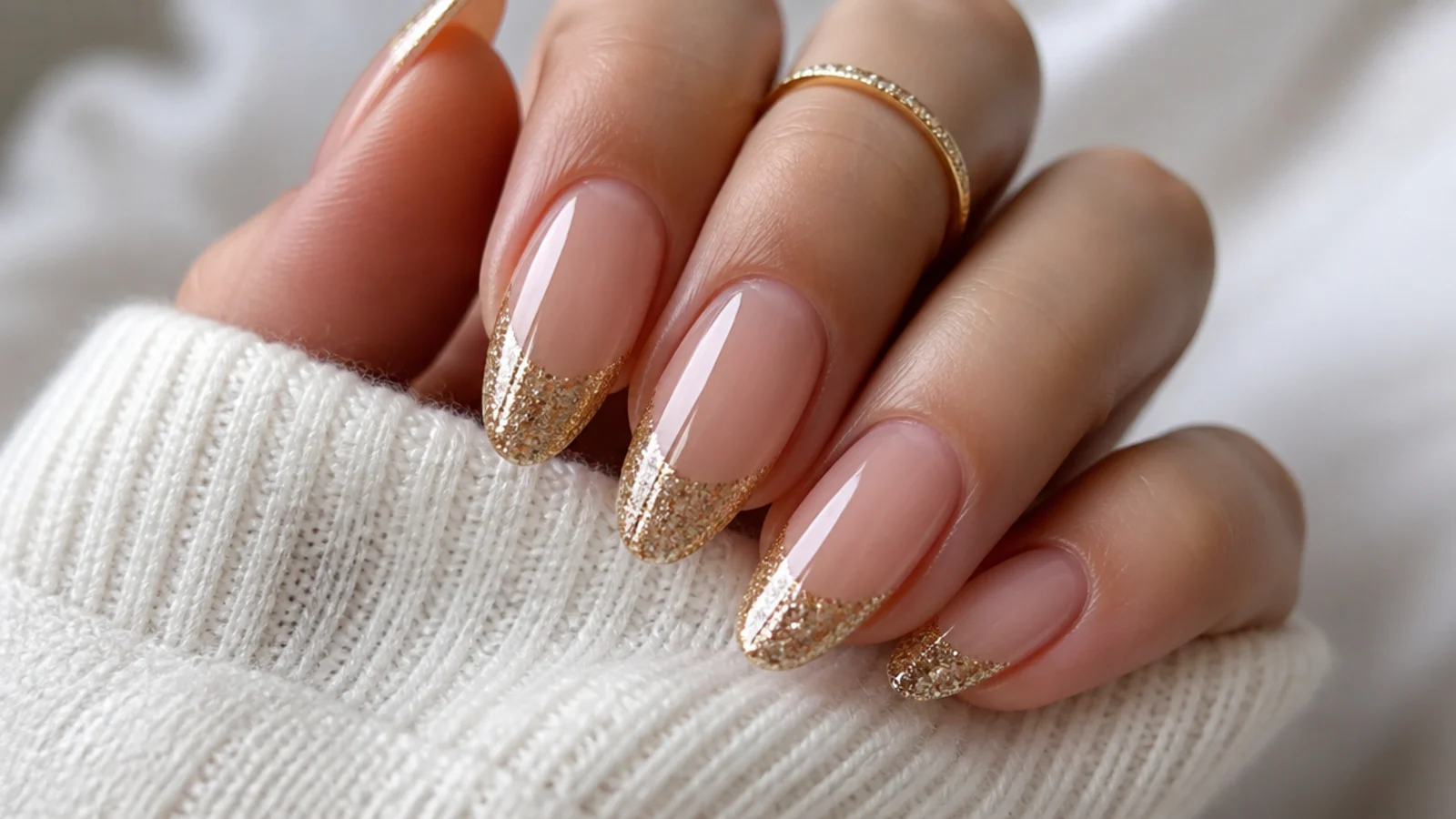 Nude December nails with champagne gold glitter French tips for New Year