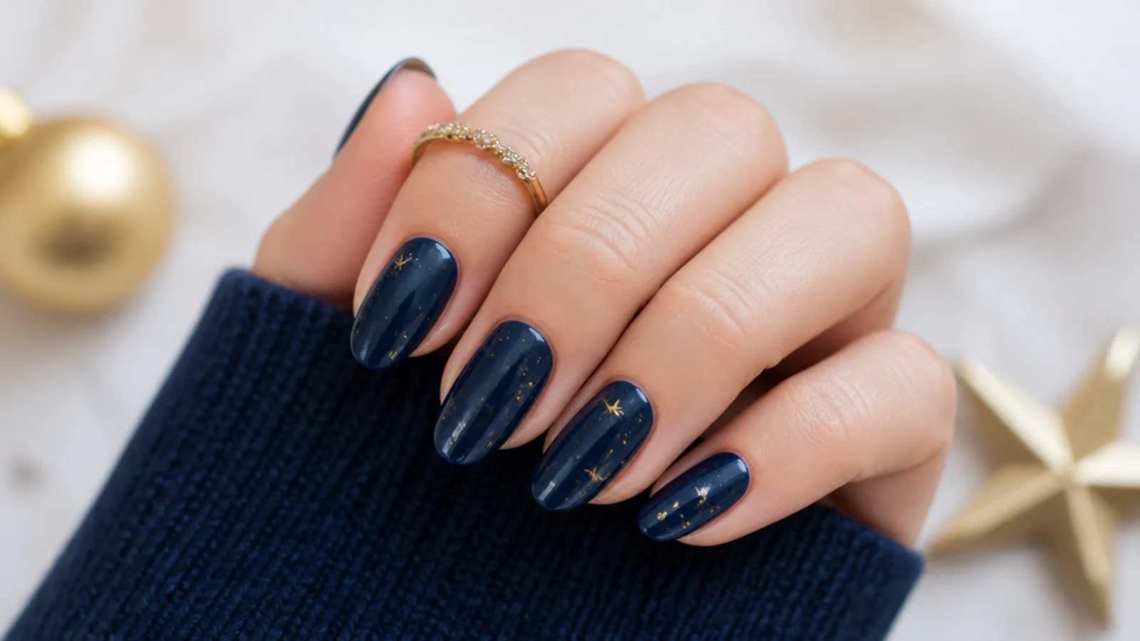 Deep navy December nails with scattered gold star accents for New Year