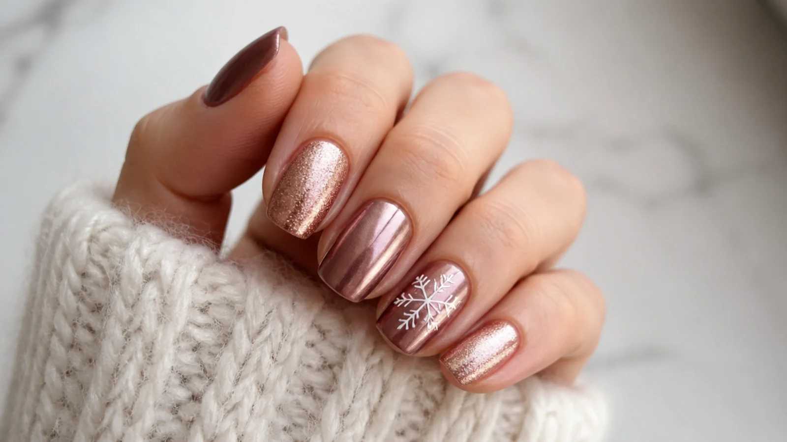 Warm rose gold shimmer December nails with a metallic sheen