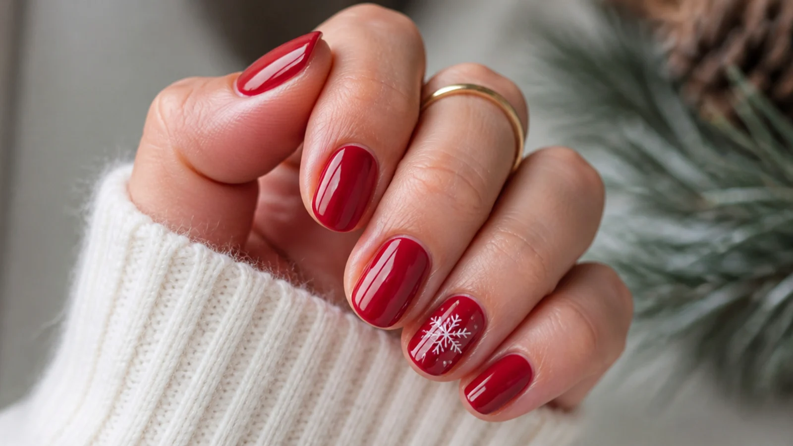 Short glossy true red December nails on neat rounded tips