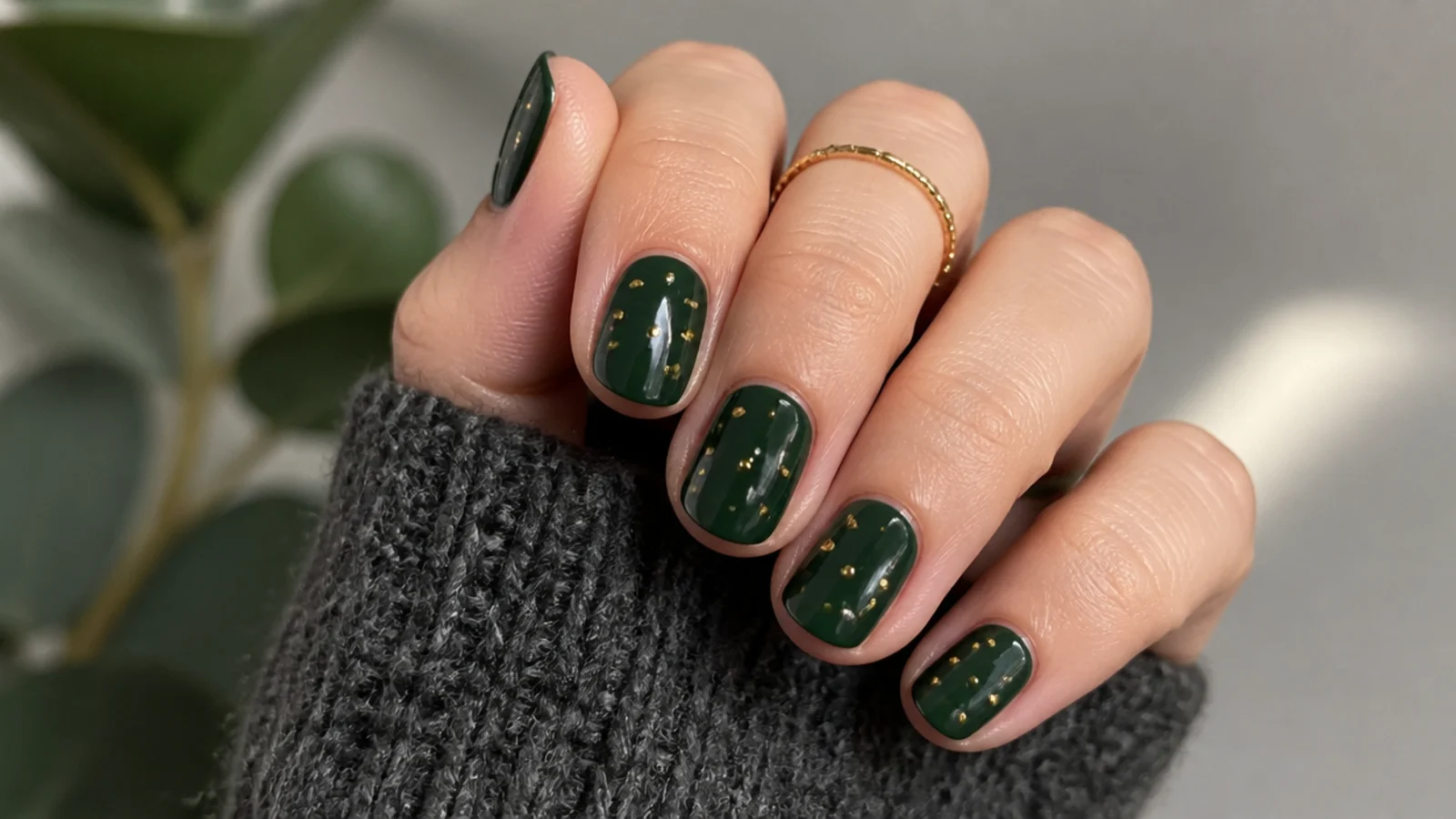 Short forest green December nails with tiny gold dot accents