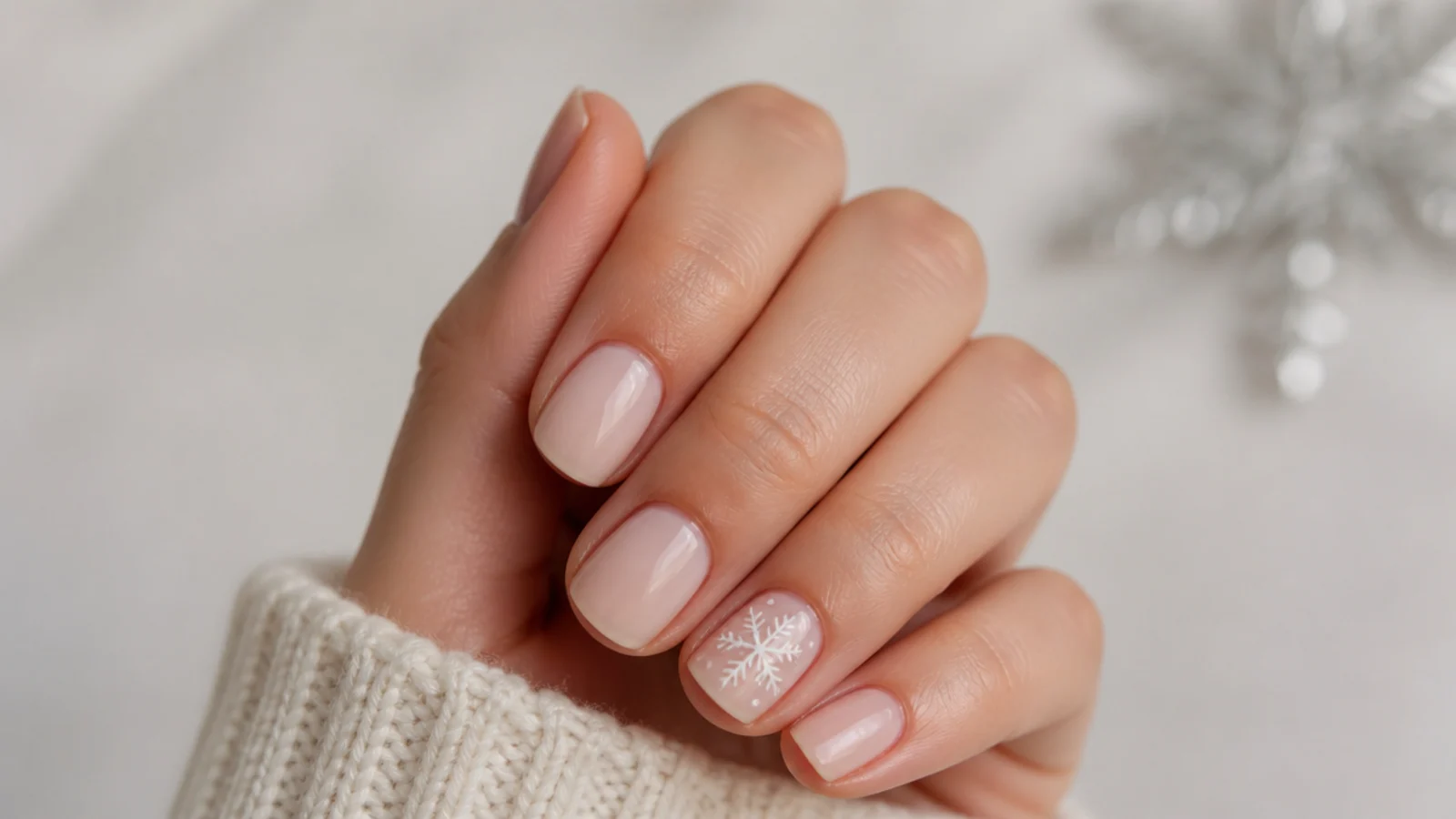 Short milky nude December nails with one white snowflake accent