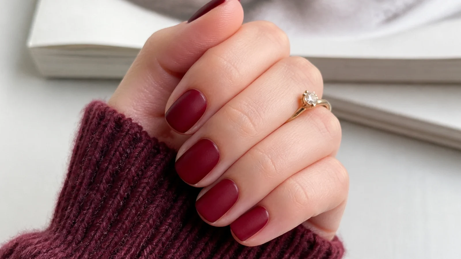 Short matte cranberry red December nails with a velvety finish