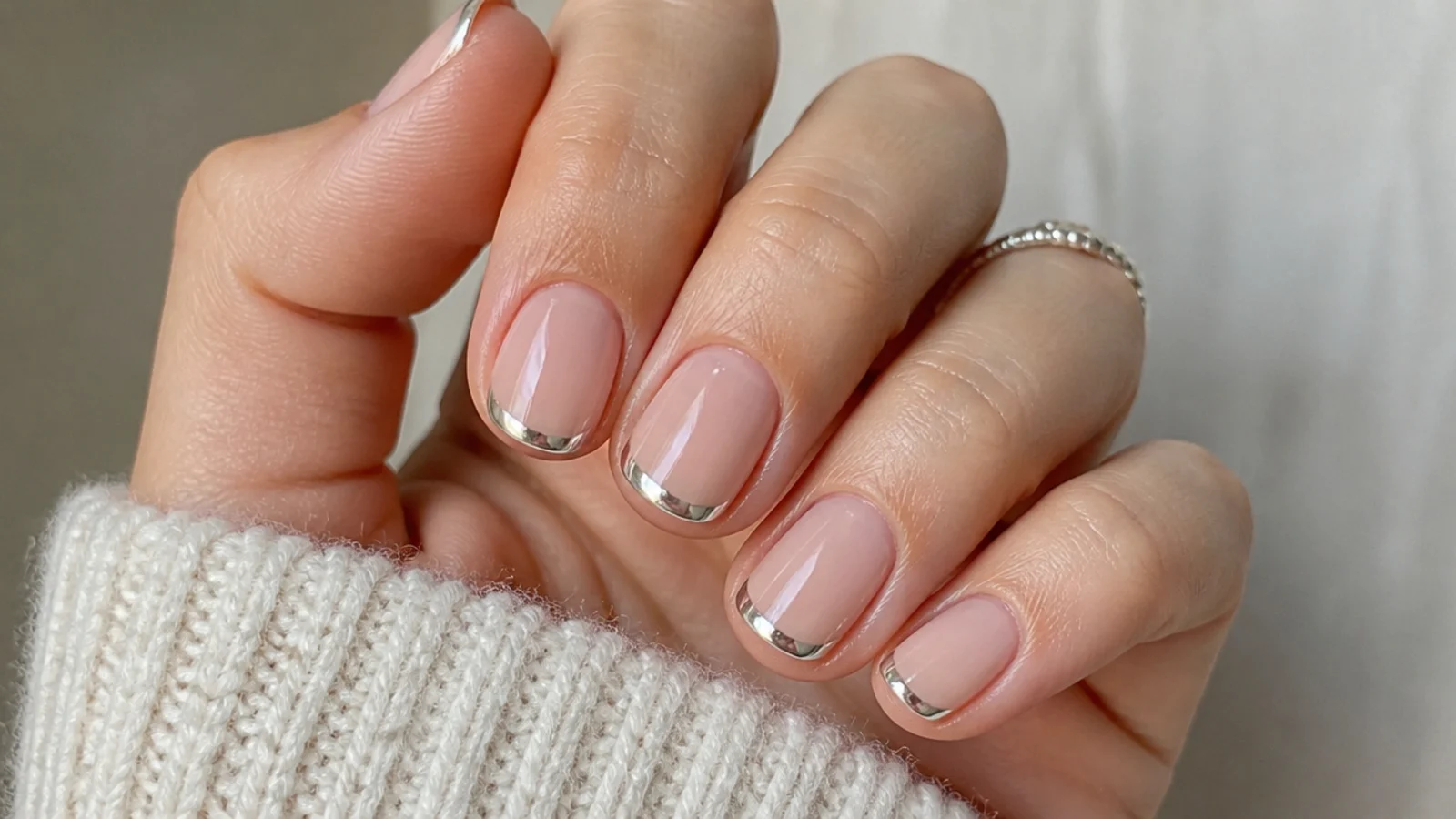 Short nude December nails with silver chrome French tips