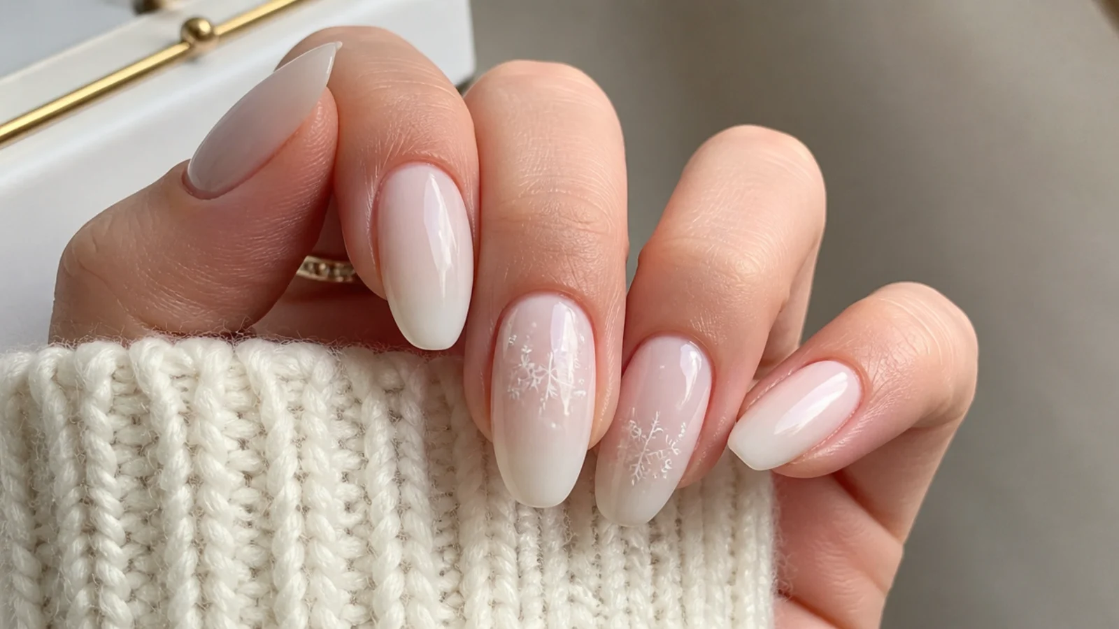 Soft milky winter white December nails with a sheer glossy finish