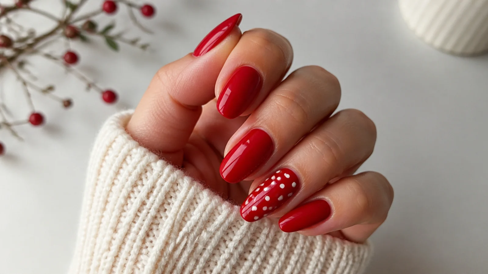 Glossy red December nails with white polka dots on an accent nail