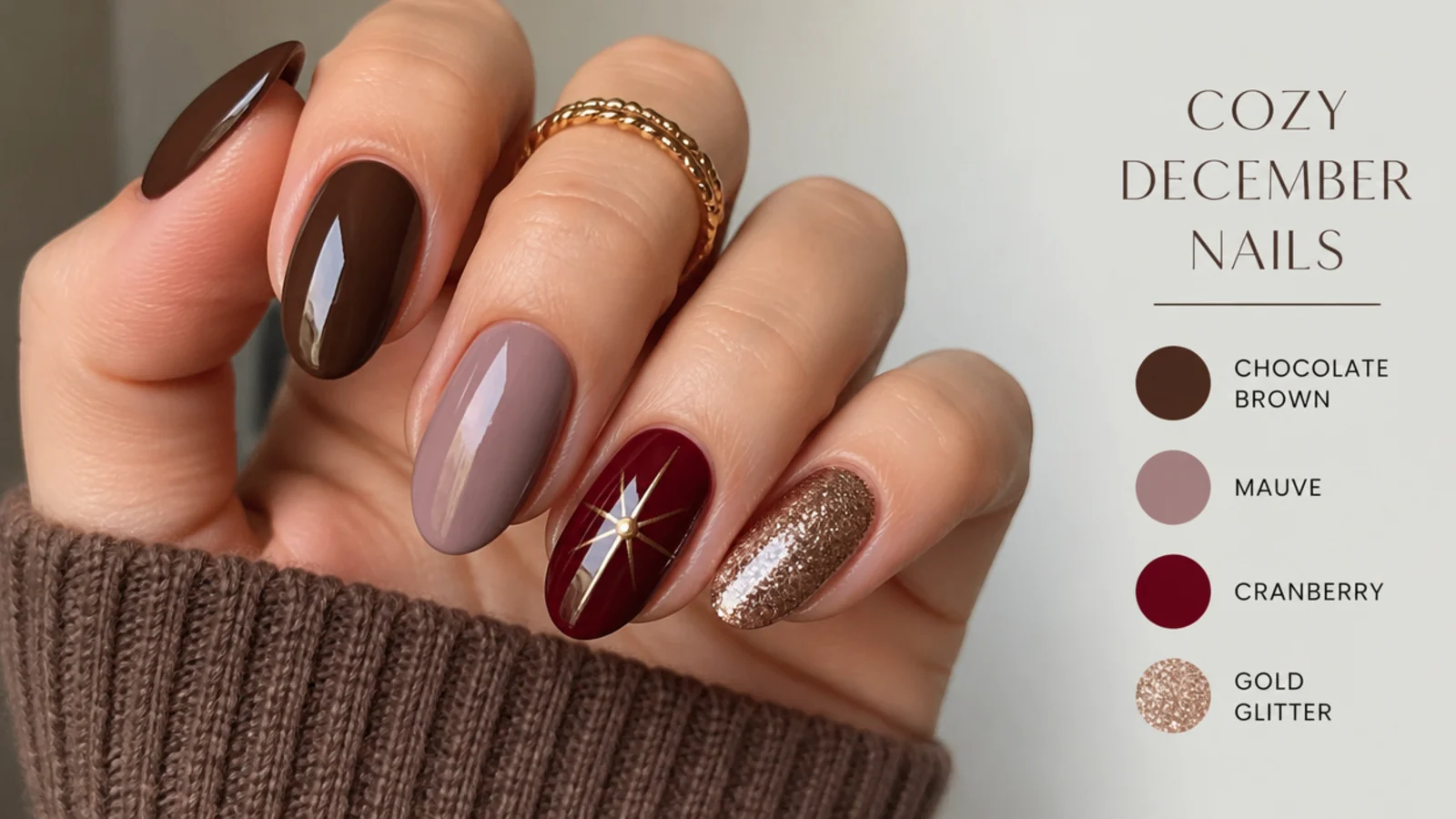 Swatches of chocolate brown, mauve and cranberry cozy December nail colors
