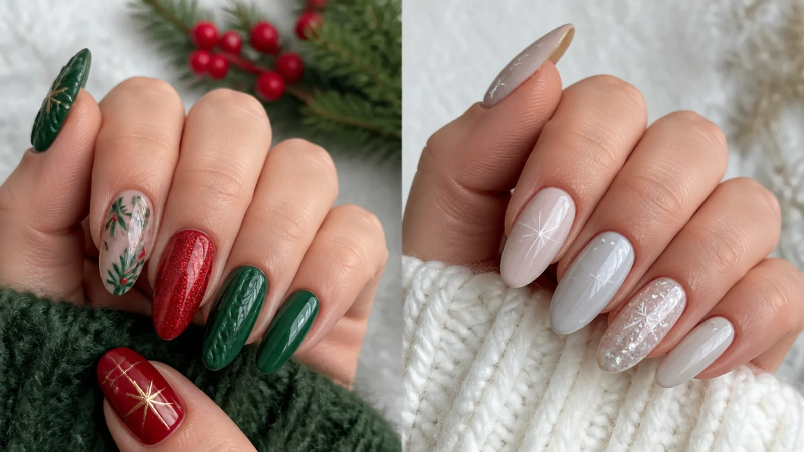 Christmas red-green nails beside neutral icy December nails for comparison