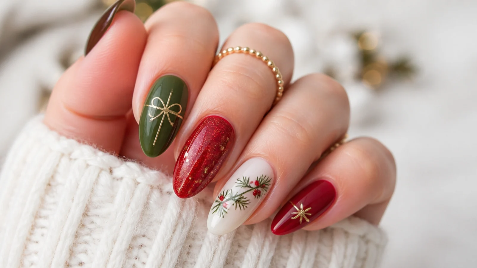 Festive red and green December Christmas nails on an almond shape