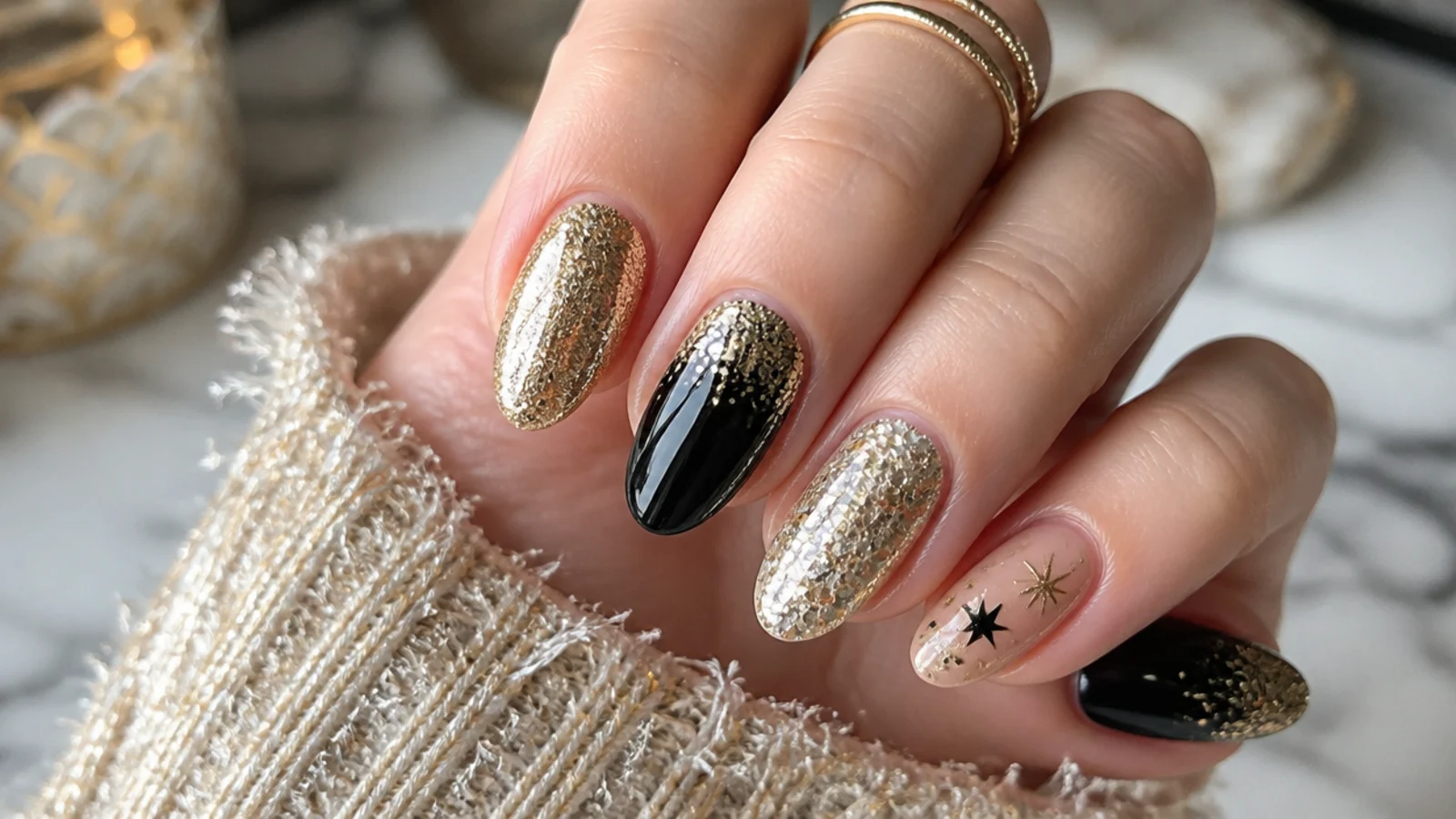 Gold, champagne and black glitter December nails for New Year's Eve