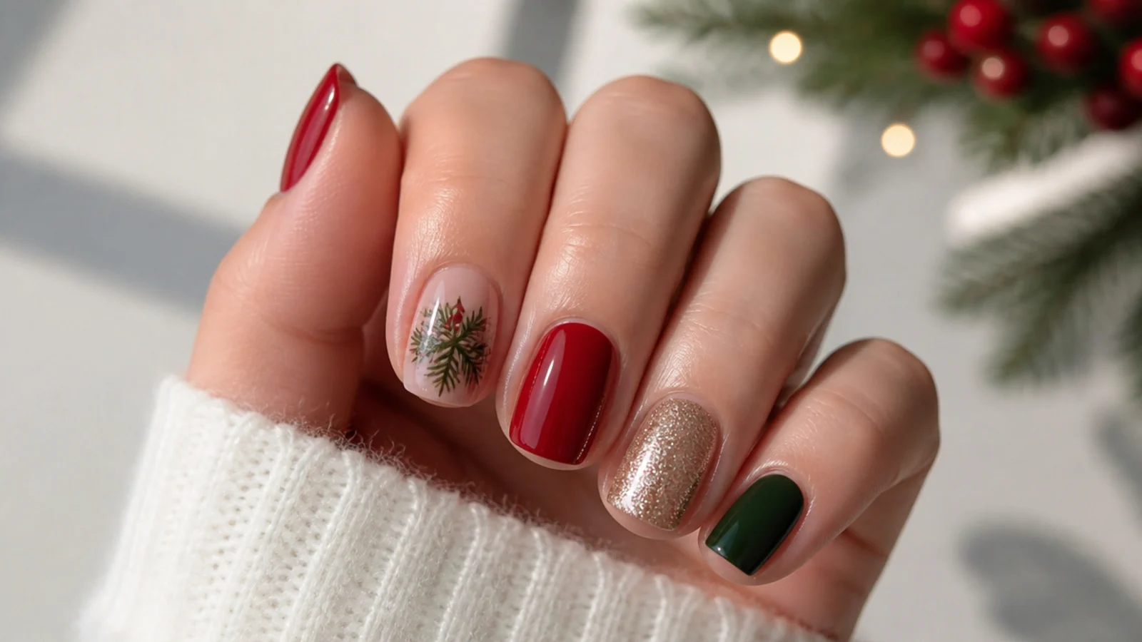 Short December nails in red, green and neutral tones on neat tips