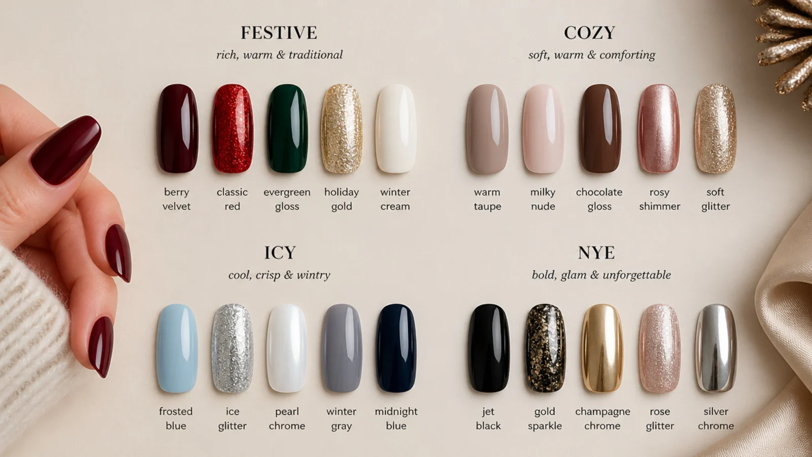 Flat lay of December nail color swatches grouped by festive, cozy, icy and NYE