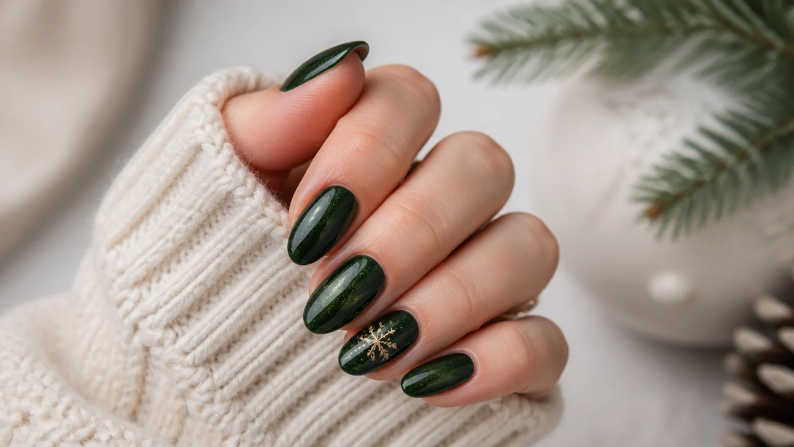 Deep forest green velvet-effect December nails with a soft cat-eye shimmer