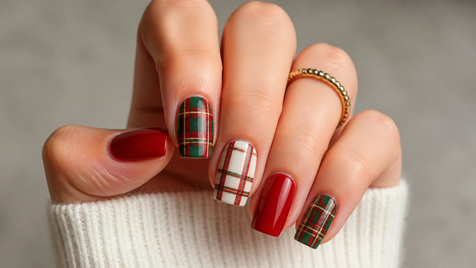 Red, green and white tartan plaid December nails on a square shape
