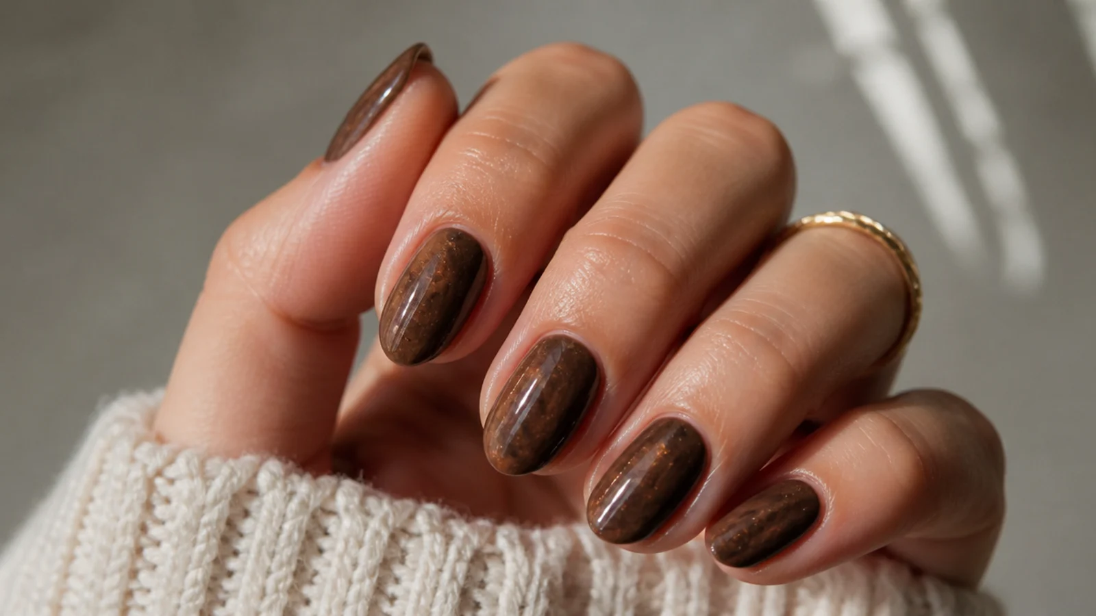 Glossy chocolate brown glazed December nails on short almond shape