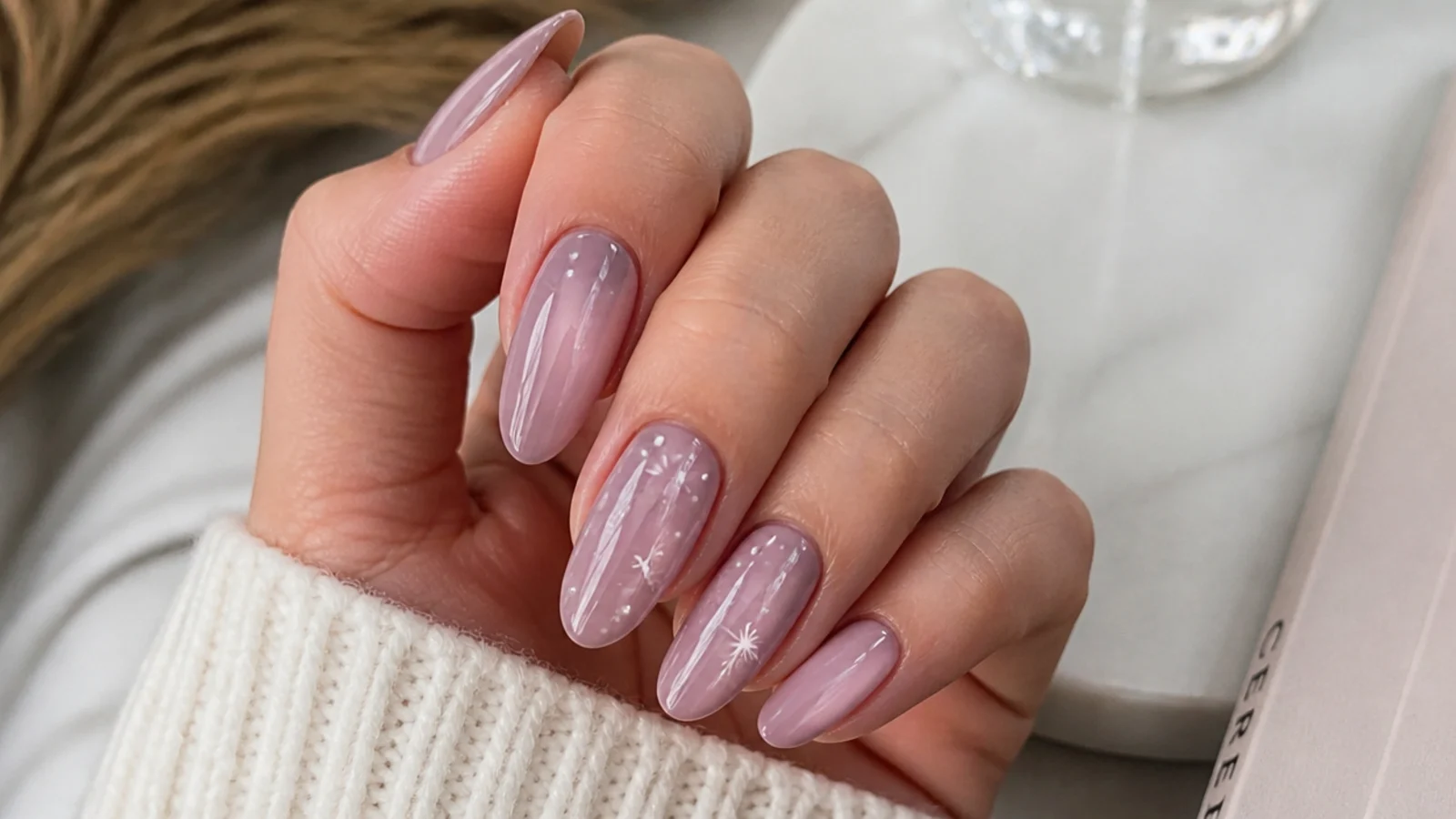 Soft milky mauve December nails on a long almond shape