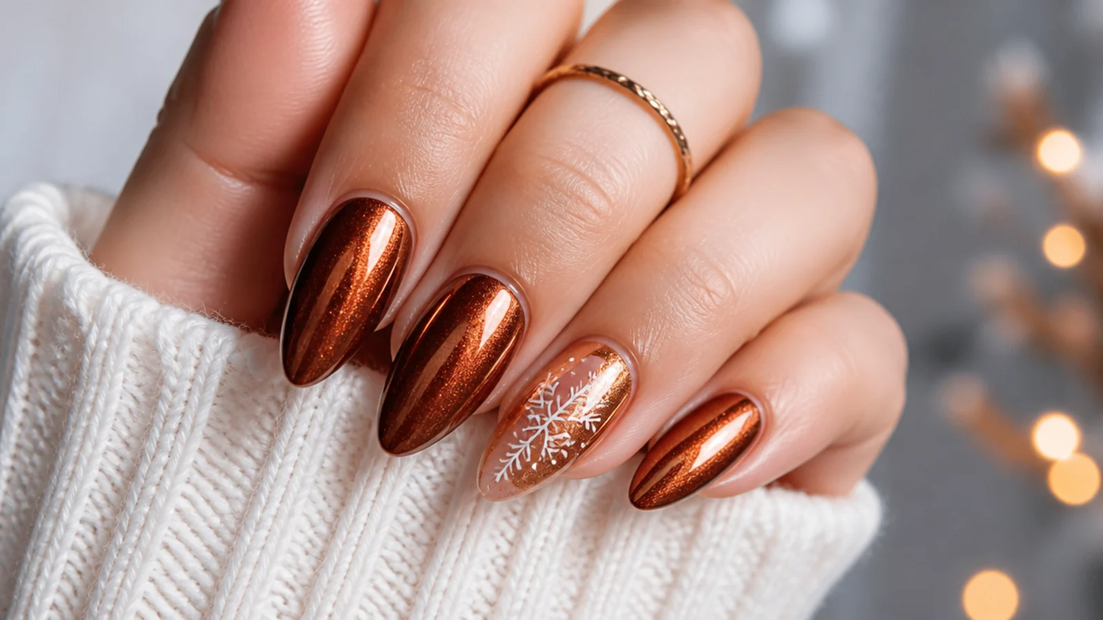 Warm cinnamon copper chrome December nails with a metallic sheen