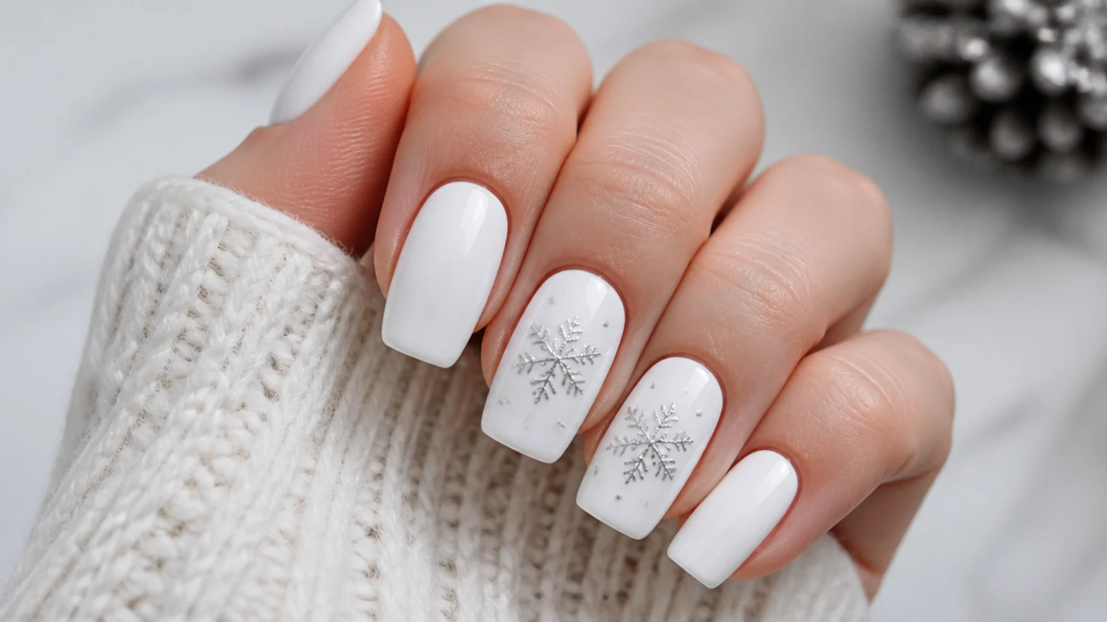 White December nails with delicate silver snowflake accents on two nails