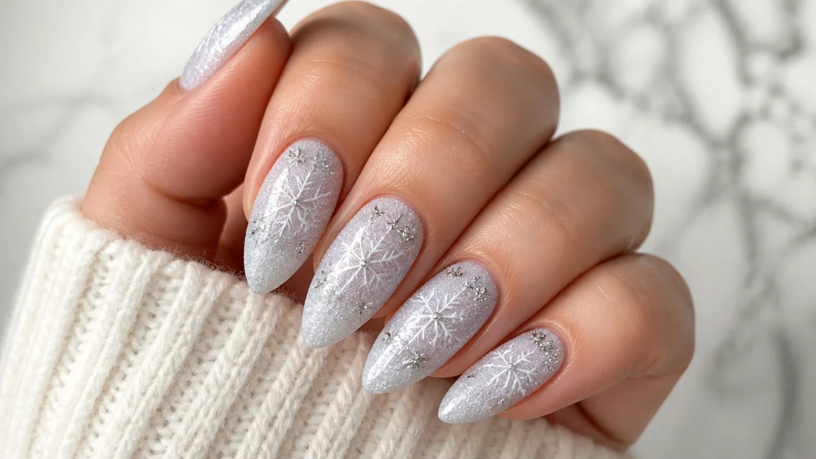 Frosted sugar-effect December nails with a textured icy sparkle