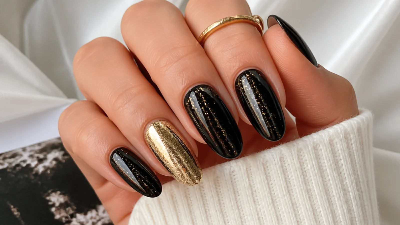 Glossy black December nails with fine gold flecks and one gold accent