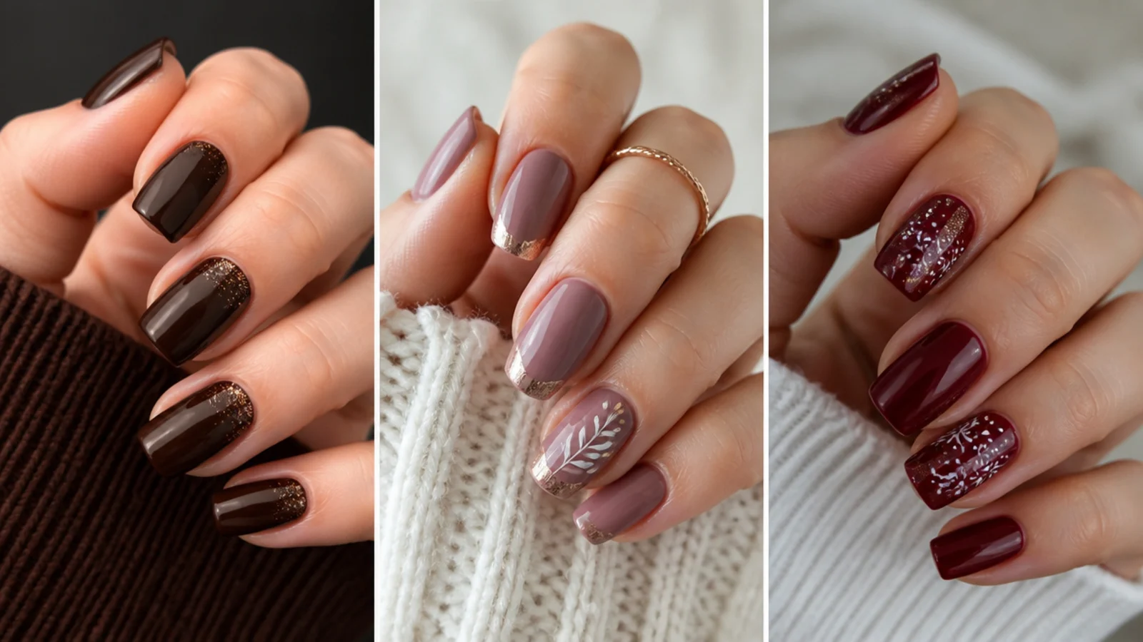 Chocolate brown, mauve and cranberry December nails side by side