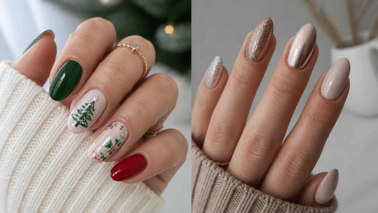 Christmas red-and-green nails beside broader December neutral and chrome nails