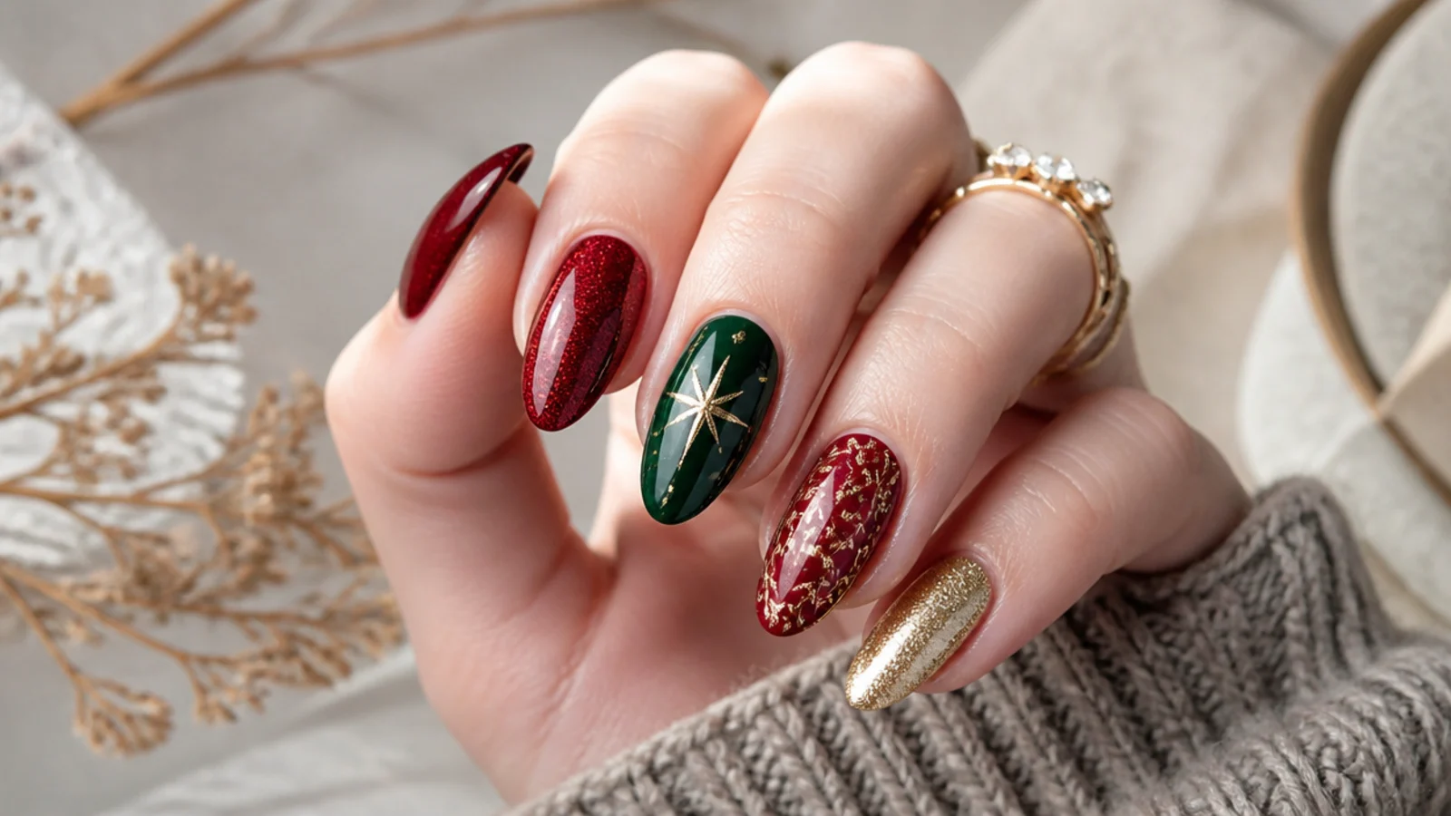 Festive December holiday nails in cranberry, forest green and gold on almond shapes