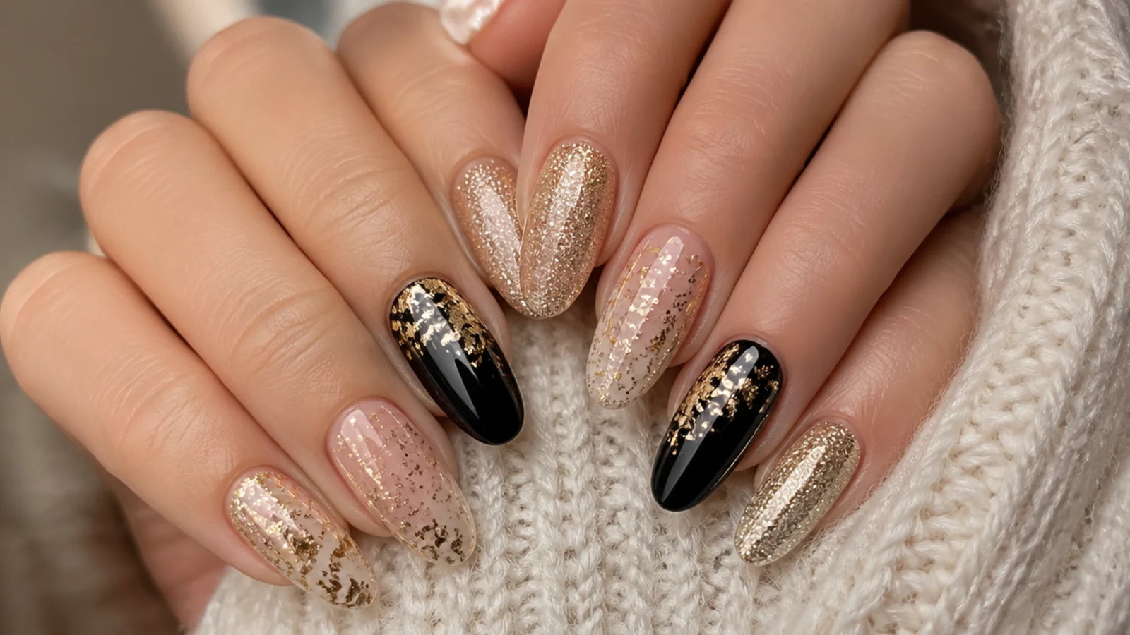 Champagne glitter, gold foil and black-and-gold December New Year nails