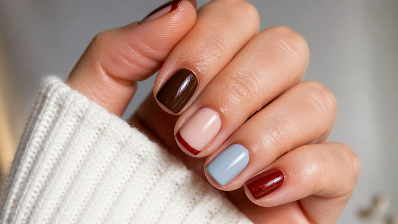 Short December nails in glossy chocolate, cranberry micro-French and icy blue