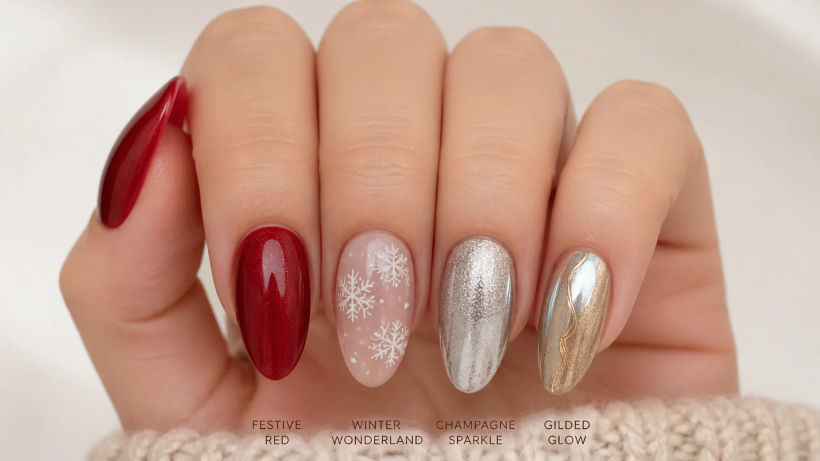 Five December nail moods laid out from festive red to icy chrome and gold