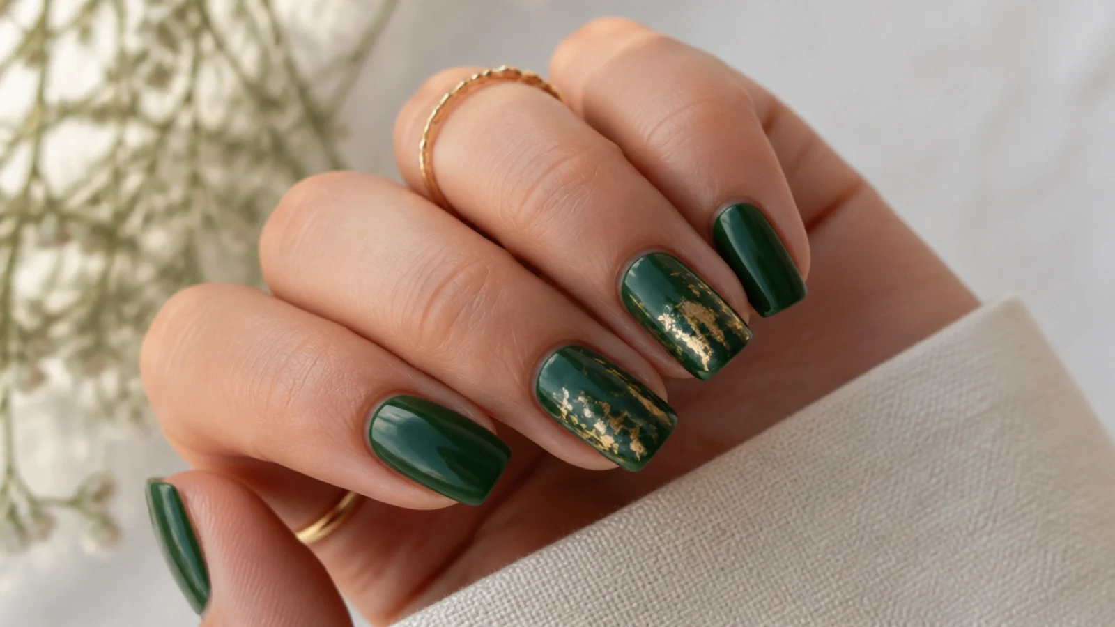 Squoval nails in deep forest green with thin gold foil accents on two nails