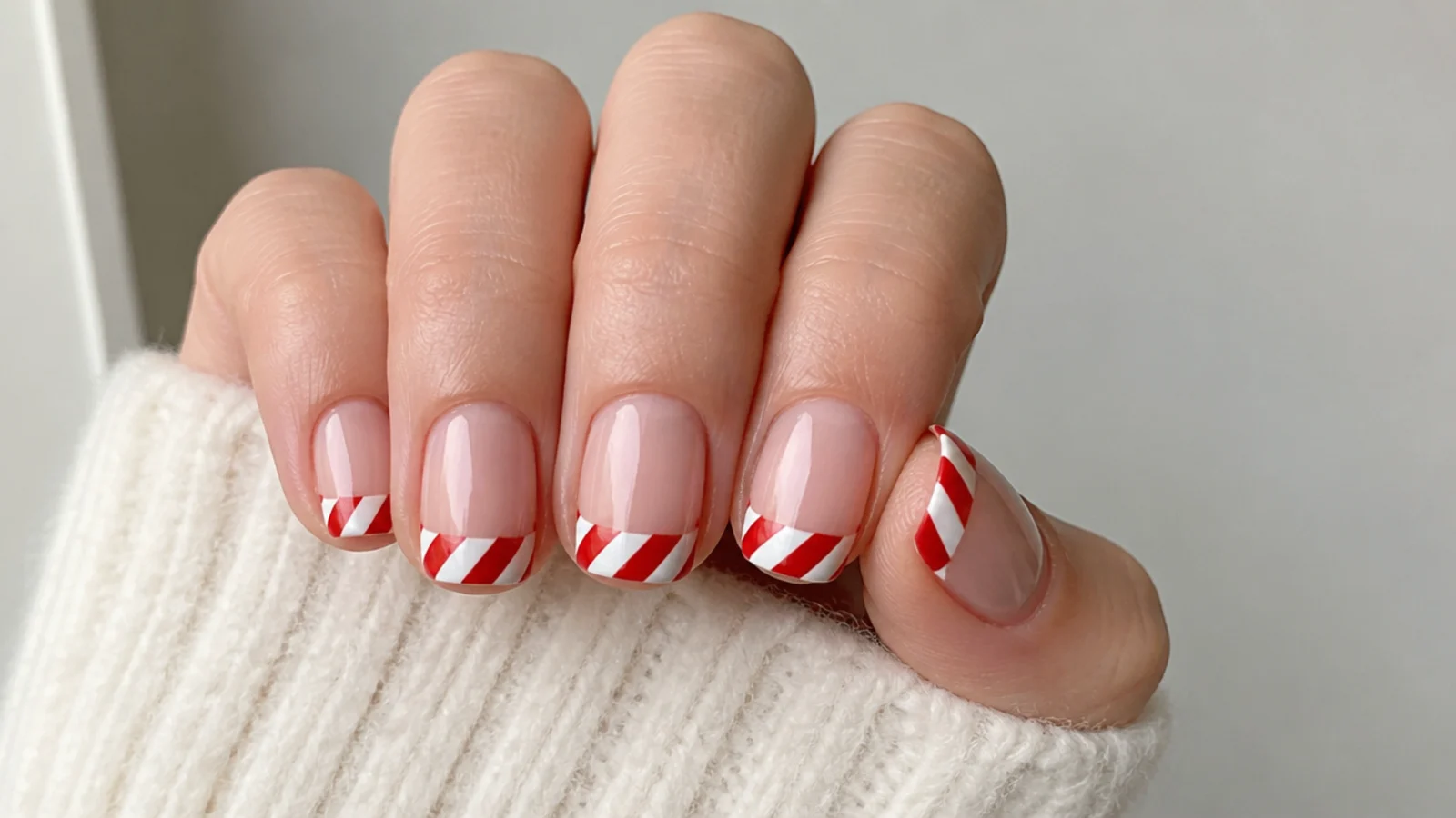Short square nails with red and white diagonal candy cane French tips