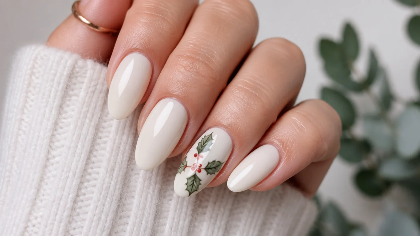 Almond nails in creamy white with a hand-painted green holly and red berry accent nail